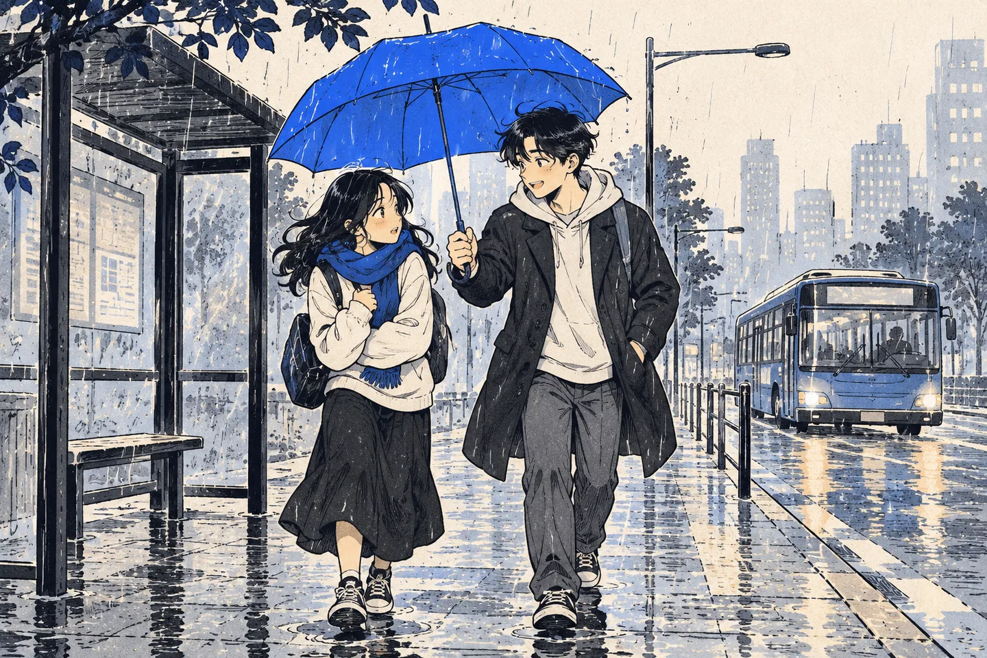AI-generated Instatoon concept: two friends sharing a blue umbrella in a rainy city comic scene